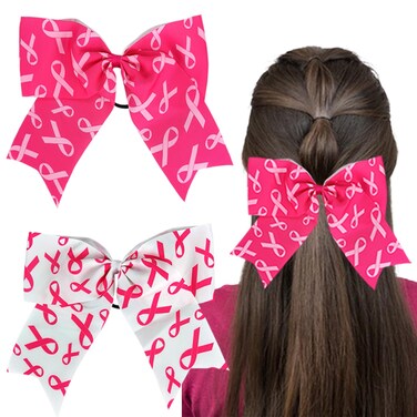 2PCS Large Breast Cancer Cheer Bows Hair Ties 12&rsquo;&rsquo; Pink Ribbon Cheerleading Bows Ponytail Holder Cheerleader Elastic Band Hair Bow for Women Girls College School Sports Hair Accessories (Pink White)