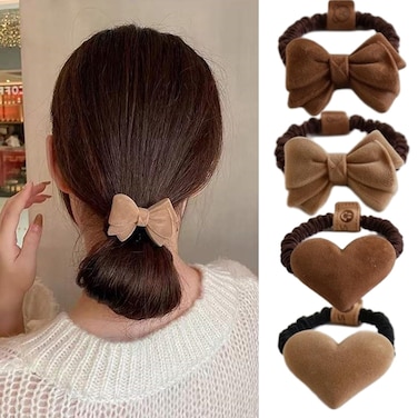 4 Pcs Bow Hair Ties Heart Hair Ropes Ponytail Hair Cuff Elastic Ponytail Holder Bow and Heart Plush Hair Accessories for Women Thanksgiving Autumn Winter Christmas Accessories
