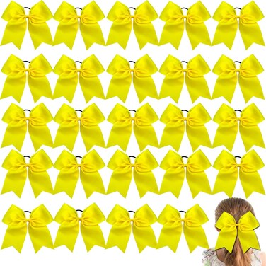 24Pcs 8" Large Cheer Hair Bows for Girls Ponytail Holder Grosgrain Ribbon Cheerleading Bows Elastic Hair Tie Bands for Girls Teens Softball Cheerleader Sports (Yellow)