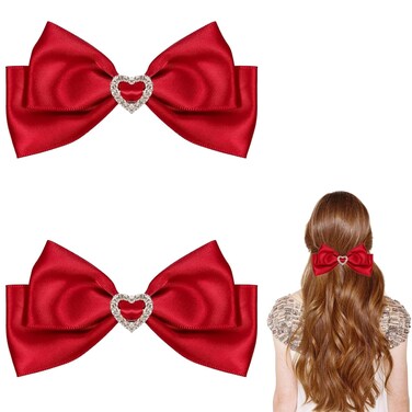 Red Satin Hair Bow Clips for Girls - 2Pcs Christmas Silky Red Bow Hair Clips Satin Bow Hair Barrettes Hairpins with Heart Rhinestones Girls Hair Accessories for Kids Toddlers Valentines Wedding Gifts