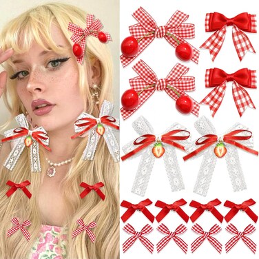 16Pcs Strawberry Cherry Hair Clips Red Hair Bows Cute Bows for Hair Mini Gingham Hair Ribbon Barrettes Alligator Clips Christmas Hair Accessories for Women and Girls
