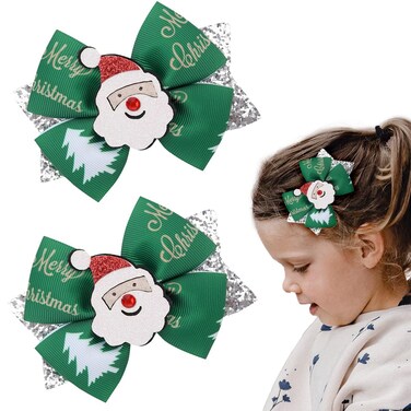 2 PCS Christmas Green Bow Hair Clips Cute Glitter Santa Claus Christmas Hair Bows Hair Clips Silver Sequins Hair Accessories Hair Barrette for Girls Kids Toddler Xmas Party Favor Gift