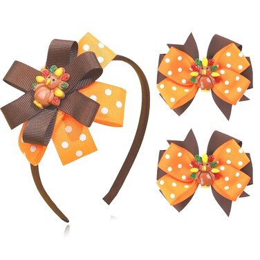 Pvoiue 3Pcs Fall Thanksgiving Bows Headband for Women Girls, Cute 3D Resin Turkey Double Bows Designs Fall Thanksgiving Hair Accessories Party Celebrate Decorations