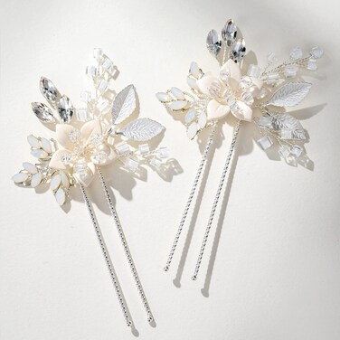 SWEETV 2Pcs Handmade Wedding Hair Pins,Flower Bridal Hair Pin-Beaded Wedding Hair Accessories for Brides, Silver