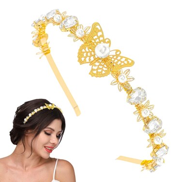 Gold Butterfly Headband Rhinestone Wedding Pearl Hairband Metal Flower Goddess Crown Headwear for Women