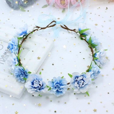 AKOAK 1 Pack Flower Crown, Bohemian Wreath for Girls Floral Tiara, Wedding Headband, Bride Bohemian Wreath/Baby Shower/Photo/Toddler (Blue)