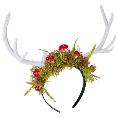 MOSTORY Handmade White Antler Headband Woodland Mushroom Hairband Forest Floral Headpiece Deer Horn Fairy Crown for Women Girls Renaissance Cosplay Wedding Halloween Masquerade Photo Prop Green