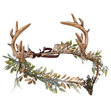 MOSTORY Woodland Gold Antler Crown - Forest Flower Headband Elf Headpiece Fairy Floral Circlet for Women Renaissance Fair Halloween Renfaire Cosplay Photo Shoot