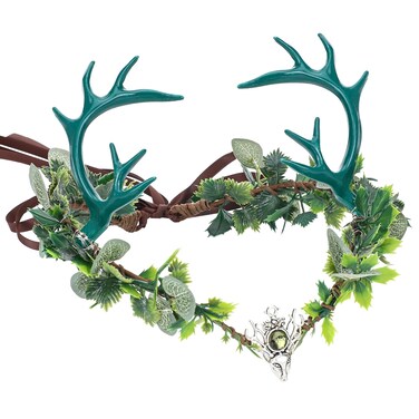 MOSTORY Green Woodland Antler Crown - Handmade Floral Fairy Headpiece Forest Elf Tiara Leaf Elven Circlet for Women Renaissance Renfaire Cosplay Photo Shoot Halloween Accessory