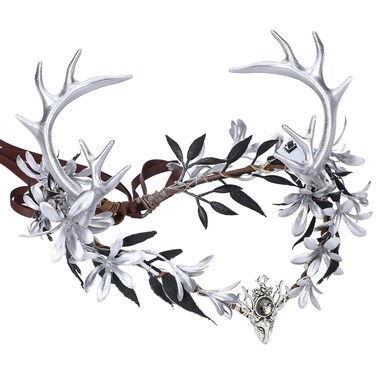 MOSTORY Light up Fairy Crown - Silver Antler Crown Flower Heapiece Elf Floral Circlet Woodland Headband for Women Halloween Outfit Renaissance Ren Faire Cosplay Photo Shoot