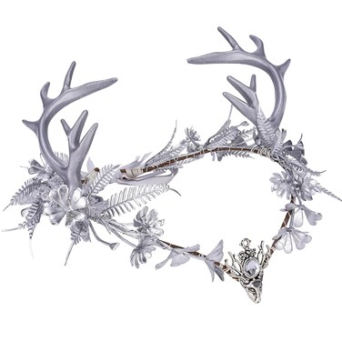 MOSTORY Silver Antler Elf Crown - Fairy Flower Headband Elven Floral Headpiece Woodland Circlet for Women Renaissance Fair Halloween Accessory Cosplay Photo Shoot
