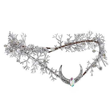 MOSTORY Silver Flower Moon Crown - Handmade Forest Fairy Headpiece Woodland Headband Floral Elven Tiara for Princess Renfaire Renaissance Halloween Party Wedding Cosplay