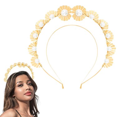 Fstrend Pearl Halo Crown Headband Gold Bride Layered Headpiece Bridal Wedding Queen Tiaras Birthday Prom Hair Accessories for Women