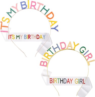 BENBO Birthday Crowns for Women, 4PCS Cute Birthday Sash Birthday Tiara Set Its My Birthday Birthday Headband Birthday Girl Headband Rainbow Letter Princess Hair Band Sweet Happy Birthday Accessories