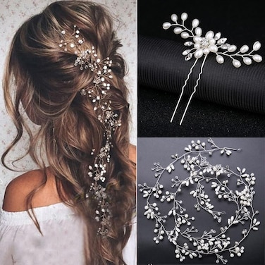 Bridal Wedding Hair Accessories Long Pearl and Crystal Beads Hair Vine Wedding Headband,2 PCS of Crystal Rhinestone Hair Pins,1 Pack Jewelry Hair Headpiece for Brides Bridesmaids Women Girls (Silver)
