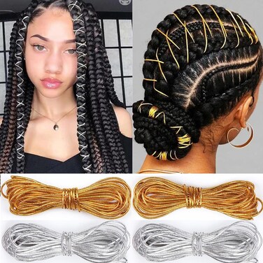 4 Pieces 5M Dreadlock Braids Hair Accessories Gold Silver Braiding Hair Deco Styling Shimmer Stretchable African Braid Braided Elastic Cord Ornament Hanging Decorating Gift Wrapping
