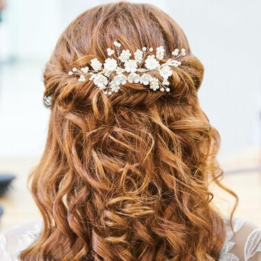White Flower Hair Piece Bridal Headpieces Pearl Floral Hair Comb Accessories for Wedding Women Girls (Silver Vine)