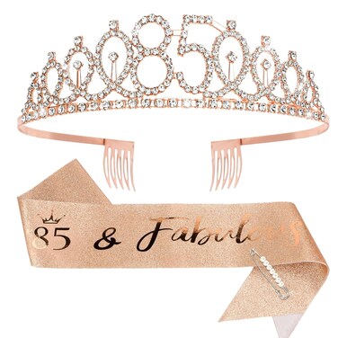 CIEHER 85th Birthday Crown, Sash + Pearl Pin Set - Gifts for Women, Decorations and Party Supplies