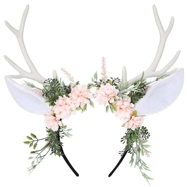 MOSTORY Handmade Deer Ear Flower Antler Headband - Woodland Floral Reindeer Hairband Fairy Forest Headpiece for Princess Party Renaissance Halloween Cosplay Photo Shoot Accessory