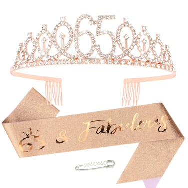 65th Birthday Sash and Crown for Women Rose Gold 65th Birthday Tiara and Sash Set Gifts for Her 65 &amp; Fabulous Sash Birthday Decorations Happy Birthday Crown and Sash Accessories Birthday Gift