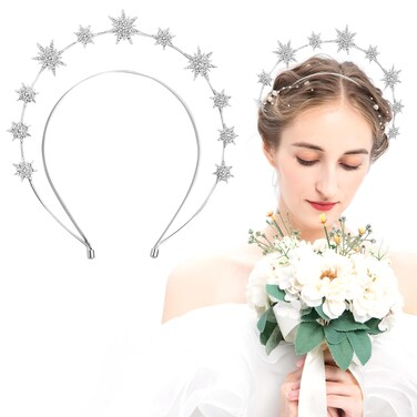 Framendino, Silver Star Goddess Halo Crown Headband Crystal Rhinestone for Women Girls Hair Accessories