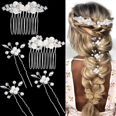 5PCS Silver Vintage Pearls Jewelry Headpieces Wedding Crystal Hair Comb Rhinestone Hair Clips Hair Accessories for Women Girls and Bridesmaids