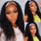Curly Headband Wig Human Hair 16 Inch Deep Wave Human Hair Headband Wigs for Black Women Human Hair Glueless Real Hair Wig with Headband Attached No Lace Front Wig Human Hair Natural Black Color
