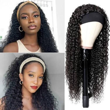 Headband Wig Curly Human Hair Wigs for Black Women, Brazilian Curly Human Hair Headband Wigs Glueless None Lace Front Headband Wigs Machine Made Wigs 150% Density Natural Black (18")