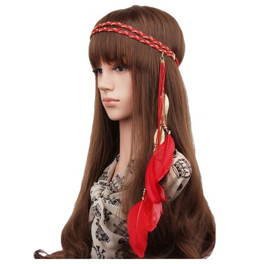 Boho Feather Headband Hippie Indian Leaf Hair Bands Tassel Bohemian Hair Hoops Hairband Headpiece Women Halloween Christmas Baby Shower Wedding Birthday Cosplay Dress Up Party Accessories Red
