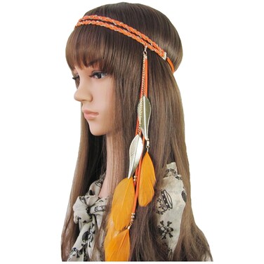 Boho Feather Headband Hippie Indian Leaf Hair Bands Tassel Bohemian Hair Hoops Hairband Headpiece Women Halloween Christmas Baby Shower Wedding Birthday Cosplay Dress Up Party Accessories Orange