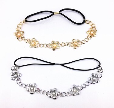 yueton 2pcs Gold and Silver Pearl Flower Elastic Headband Hair Band Women Hair Jewelry Accessories