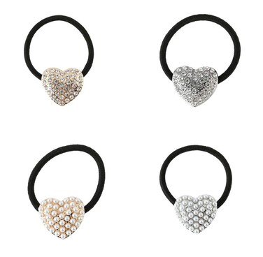 LOVEF Heart Shape Pearl Rhinestone Hair Rope Jewelry Hair Accessories Scrunchy Elastic Hair Ropes-4 Pcs