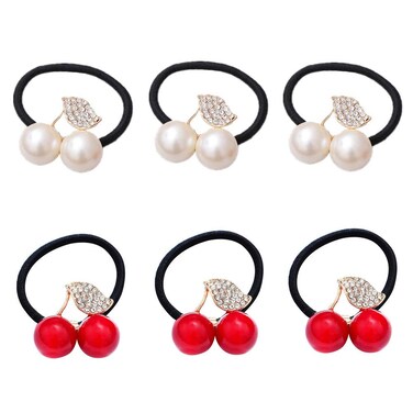 Ruihfas Fashion 6Pcs Korean Fashion Hair Rope Cute Crystal Rhinestone Cherry Hair Rings for Women Girls Ponytail Holder