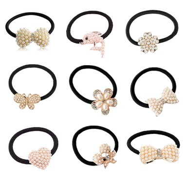 Lovef 9 Pcs Beautiful Full Pearl with Crystal Rhinstone Flower Bow Fish Butterfly Design for Baby Kids Girl Women Hair Accessories Elastic Tie Ponytail Holders Princess Baby Hair Rope Rubber Bands