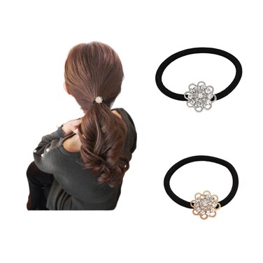LOVEF 2 Pcs Korean Style Hair Jewelry Gold Plated Crystal Rhinestone Flower Elastic Ponytail Holder Hair Tie Rope Band Ring Rubber Band Hair Accessories (Gold+Silver)