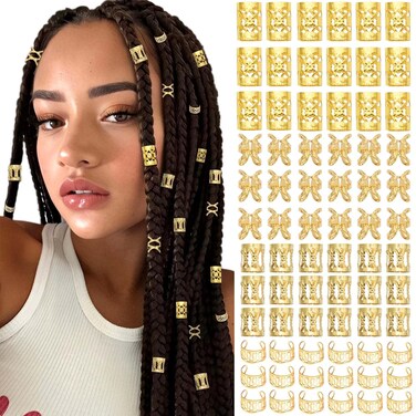 120PCS Gold Hair Jewelry Hair Cuffs for Braids Metal Dreadlock Beads Hair Cuffs Rings Multi Style Braids Accessories Hair Decoration for Women and Girls