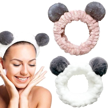 Panda and Bear Headbands for Women Washing Face, Makeup, Girls and Baby Cute Elastic Facial Hair Bands, Beauty Products Spa Shower Headwrap Costume Hair Accessories