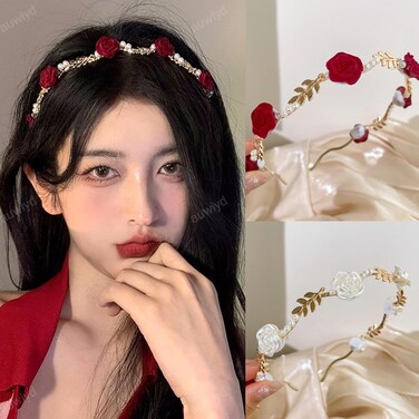 auwiyd 2 PCS Rose Vine Gold Headband Metal Flower Red White Rose Pearl Hairband Luxurious Hair Accessories for Women Girls Pearl Floral Bride Headdress