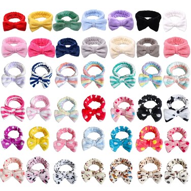 42 Pcs Cute Fluffy Bow Headbands - Adjustable Spa Makeup Headbands for Women, Girls, Gifts, Yoga, Sports