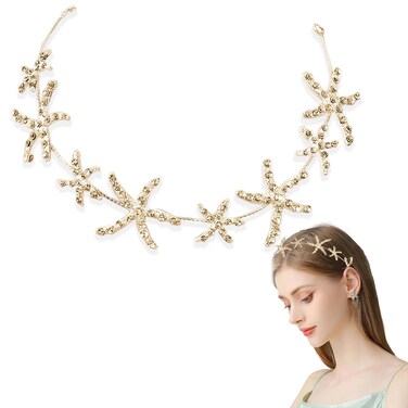 Mermaid Starfish Headband Rhinestone Bridal Hair Accessories Star Headpiece with Hair Clip Beach Wedding Hair Accessories for Brides and Bridesmaids (Gold)