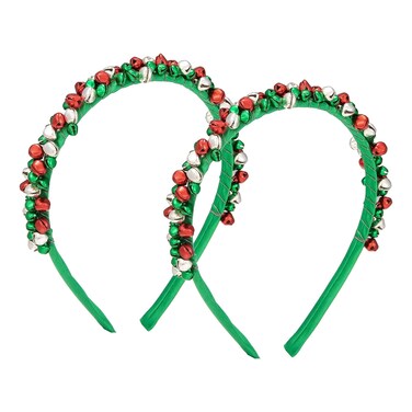 2PCs Christmas Jingle Bell Headbands for Women Girls Lovely Silver Green Red Tone Hairband Christmas Holiday Jewelry (Green)