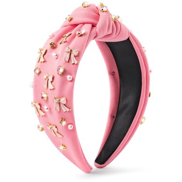 Y1tvei Pink Bow Knotted Headband - Coquette Pink Bow Crystal Rhinestone Pearl Embellished Headband Wide Top Knot Fashion Non Slip Trendy Wide Headband Hair Accessories Gift for Women Girls