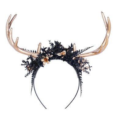 MOSTORY Handmade Antler Flower Headband - Deer Horn Hairband with Butterfly Gold Reindeer Headpiece for Women Girls Renaissance Halloween Cosplay Witch Photo Props