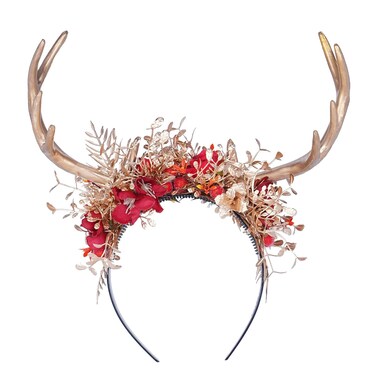 MOSTORY Handmade Gold Antler Headband - Woodland Reindeer Hairdband with Flowers Fairy Floral Deer Horns Headpiece for Women Girls Witch Renaissance Halloween Cosplay Party Photography
