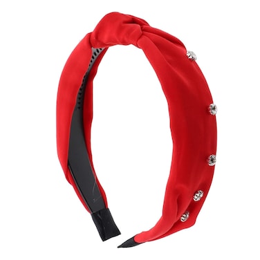 Motique Accessories Satin Turban Knot Headband with Silver Gems for Women - Red