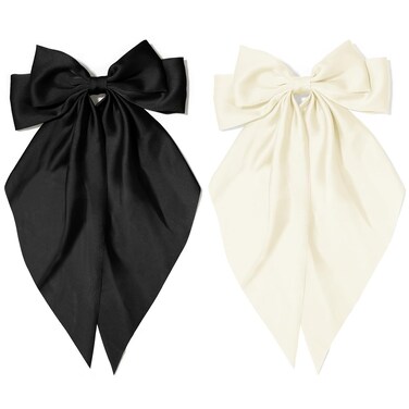 Silky Satin Oversized Hair Bows: Long Tail Barrettes in White, Black, and Beige - Aesthetic Hair Accessories for Women (2Pcs)