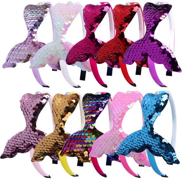 10pcs Girls Headbands Sequins Glitter Mermaid Party Hairbands with Teeth Reversible Fish Tail Headband Birthday Party Favors Hair Accessories for Toddlers Kids Children