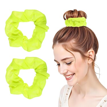 2Pcs Neon Scrunchies Soft Hair Scrunchies 80s Neon Hair Accessories Elastic Hair Bands Hair Ties Ponytail Holders Yellow Scrunchy Hair Bands for Women 80s Party Outfits(Yellow)