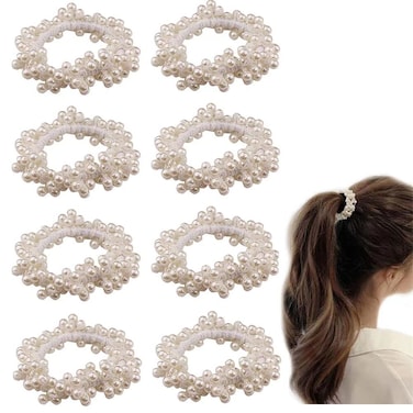 8 PCS Pearl Hair Ties White Elastic Scrunchie Stretch Ponytail Holders Beaded Hair Bands Elegant Stylish Bead Hair Rope Anti-slip Hair Accessories for Women and Girls