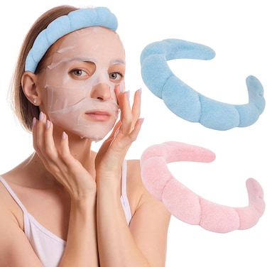 AMCAMI 2PCS Mimi and Co Spa Headband for Women Sponge Headbands for Girls Terry Towel Cloth Fabric Head Band for Face Washing, Skincare, Makeup Removal, Shower, Hair Accessories (Pink&amp;Blue)